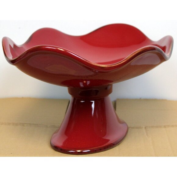 Southern Living Cinnabar Footed Serving Bowl Red Stoneware Pedestal Ruffled Edge - Picture 3 of 9